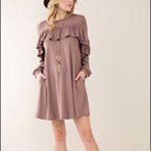 Mocha shift dress with ruffle detailing